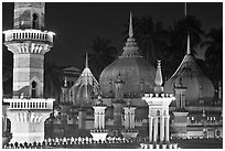 Minarets and domes at night Masjid Jamek. Kuala Lumpur, Malaysia (black and white)