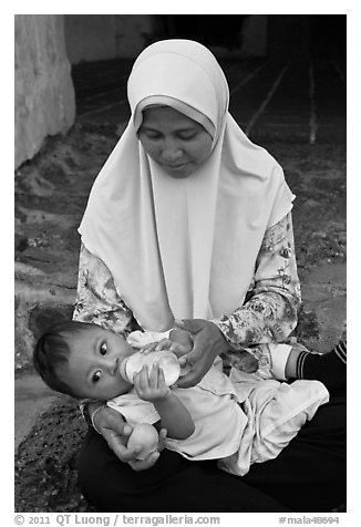 Mother and infant, St Paul Hill. Malacca City, Malaysia (black and white)