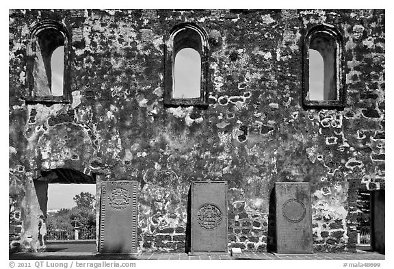 Church walls and tombstones, Bukit St Paul. Malacca City, Malaysia