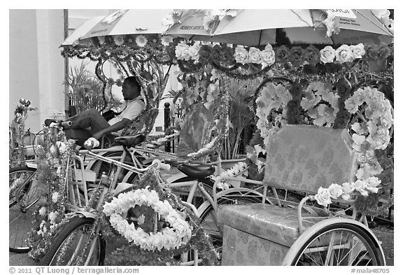 Trishaws decorated with plastic flowers. Malacca City, Malaysia (black and white)