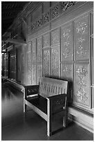 Wood panel and chair, sultanate palace. Malacca City, Malaysia (black and white)