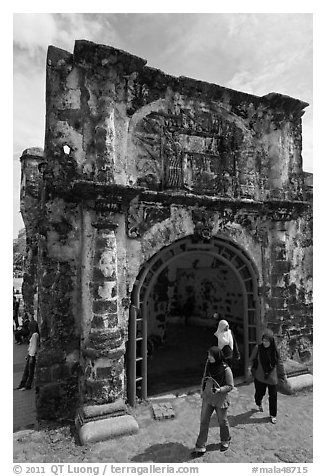 Porta de Santiago gate from A Famosa fort. Malacca City, Malaysia (black and white)