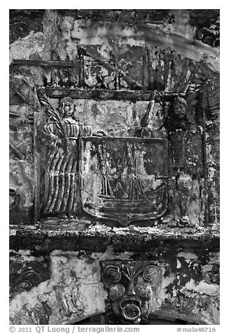Bas-relief carving on Porta de Santiago. Malacca City, Malaysia (black and white)
