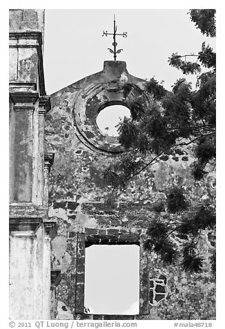 Wall and weatherwane on ruined St Paul Church. Malacca City, Malaysia (black and white)