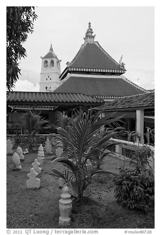 Masjid Kampung Hulu mosque in Javanese style architecture. Malacca City, Malaysia (black and white)