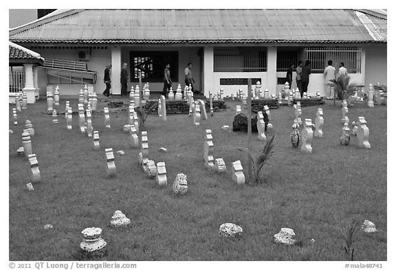Cemetery and Kampung Kling Mosque. Malacca City, Malaysia (black and white)