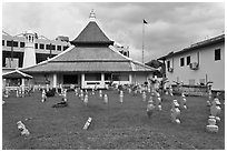 Cemetery, Mosque, and Moorish watchtower minaret. Malacca City, Malaysia ( black and white)