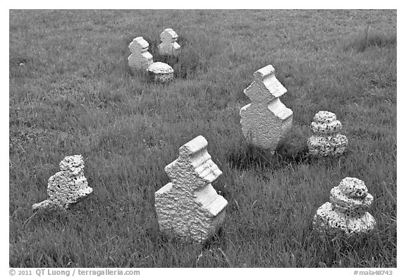 Simple tombstones, Kampung Kling Mosque cemetery. Malacca City, Malaysia (black and white)