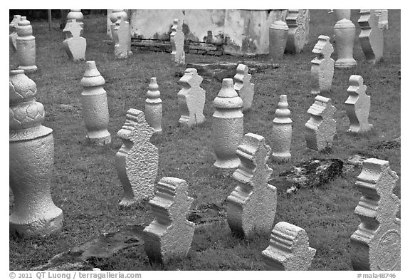 Muslim graves with simple markers, Kampung Kling. Malacca City, Malaysia (black and white)