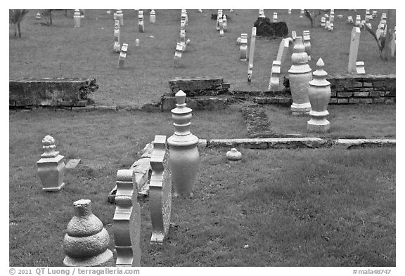 Grave headstones without ornaments, Kampung Kling. Malacca City, Malaysia (black and white)