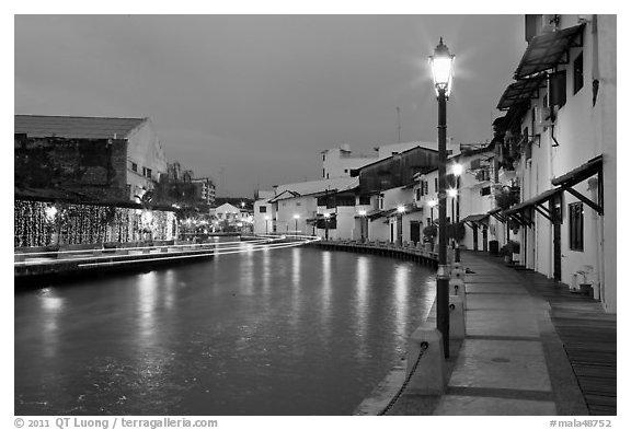 Lights, Melaka riverside. Malacca City, Malaysia (black and white)