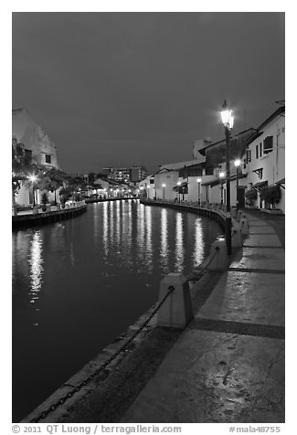 Melaka river promenade at night. Malacca City, Malaysia (black and white)