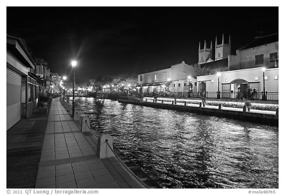 Melaka River at night with St Peters Church towers. Malacca City, Malaysia