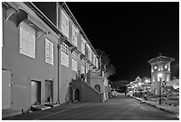 Stadthuys and clock tower at night. Malacca City, Malaysia (black and white)