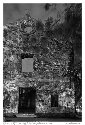 Ruined facade of St Paul Church at night. Malacca City, Malaysia (black and white)