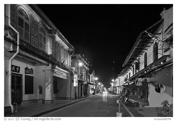Chinatown street at night. Malacca City, Malaysia (black and white)