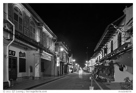 Chinatown street at night. Malacca City, Malaysia (black and white)