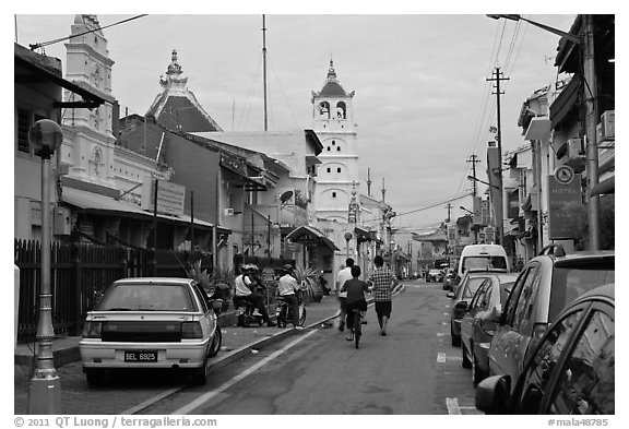 Harmony Street, featuring Hindu and Chinese Temples and a mosque. Malacca City, Malaysia (black and white)
