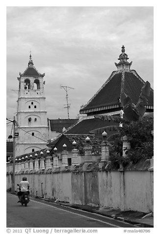 Minaret and Javanese style roof, Masjid Kampung Hulu. Malacca City, Malaysia (black and white)