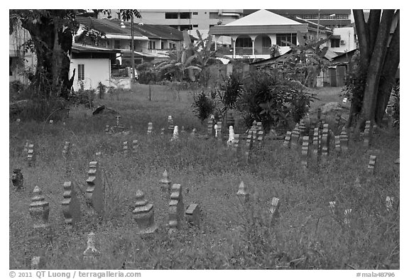 Overgrown Muslim burying grounds. Malacca City, Malaysia (black and white)