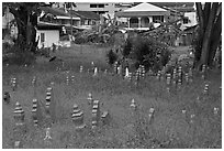 Overgrown Muslim burying grounds. Malacca City, Malaysia (black and white)