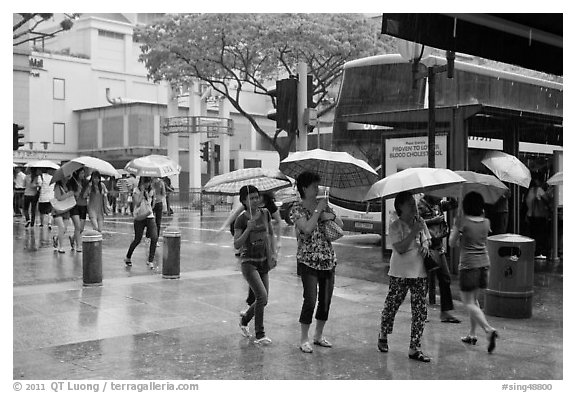 Women cross street of shopping area during shower. Singapore (black and white)