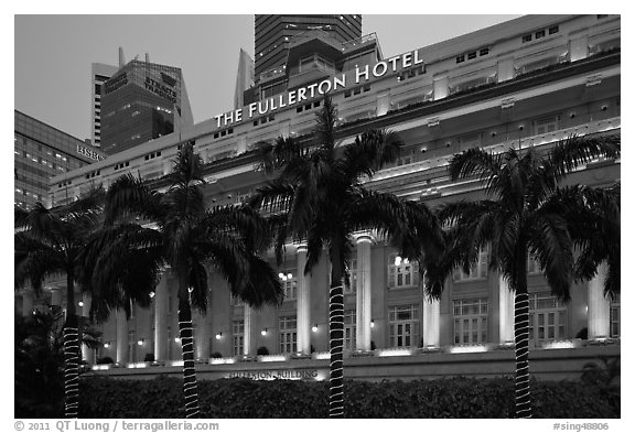 Fullerton Hotel facade at dusk. Singapore (black and white)