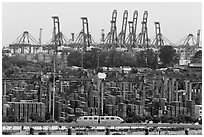 Monorail, countainers, and cranes. Singapore (black and white)