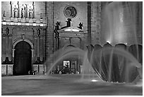 Fountain and cathedral wall by night. Guadalajara, Jalisco, Mexico (black and white)