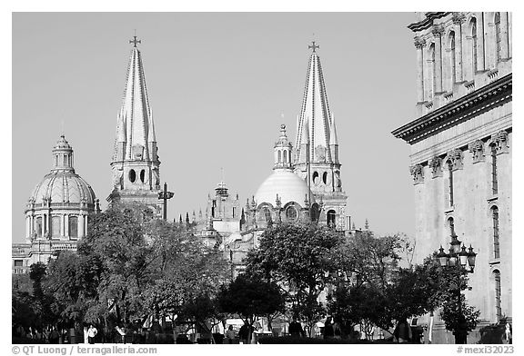 Cathedral seen across Plazza dela Liberacion. Guadalajara, Jalisco, Mexico (black and white)