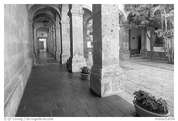 Corridor and small courtyard inside Hospicios de Cabanas. Guadalajara, Jalisco, Mexico (black and white)