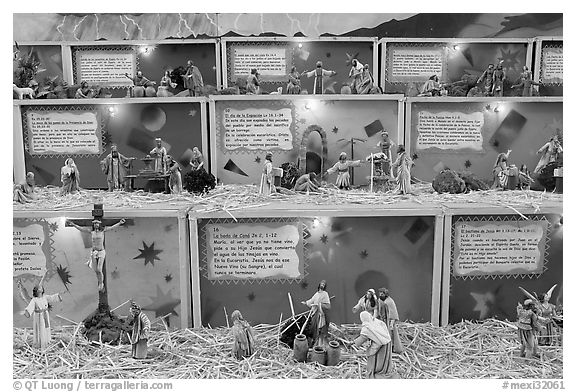 Scenes from the bible illustrated with figurines, Tlaquepaque. Jalisco, Mexico (black and white)