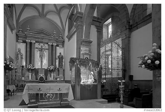 Interior of church with altar and nativity, Tlaquepaque. Jalisco, Mexico