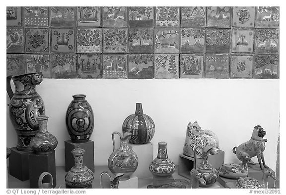 Ceramic pieces and tiles, museo regional de la ceramica de Jalisco, Tlaquepaque. Jalisco, Mexico (black and white)