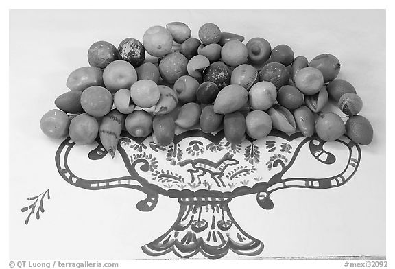Ceramic fruits, museo regional de la ceramica de Jalisco, Tlaquepaque. Jalisco, Mexico (black and white)