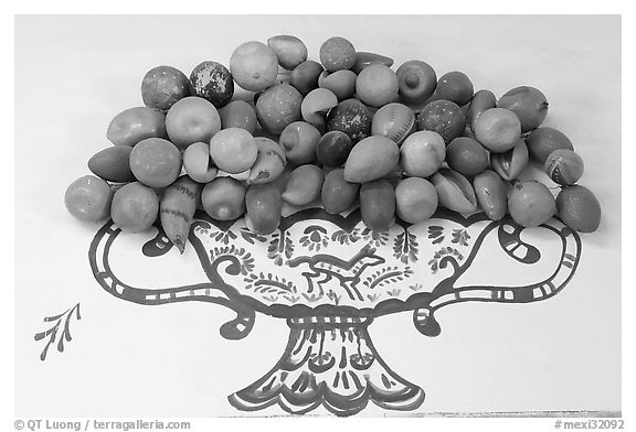 Ceramic fruits, museo regional de la ceramica de Jalisco, Tlaquepaque. Jalisco, Mexico (black and white)