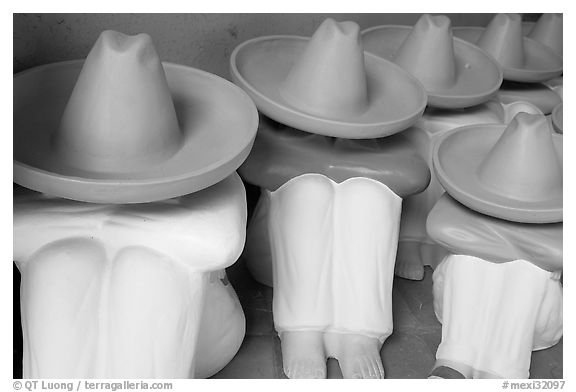 Ceramic statues of men with sombrero hats, Tlaquepaque. Jalisco, Mexico (black and white)