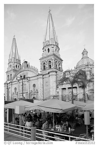 Restaurant and cathedral, late afternoon. Guadalajara, Jalisco, Mexico (black and white)
