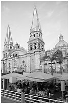 Restaurant and cathedral, late afternoon. Guadalajara, Jalisco, Mexico (black and white)