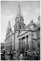 Street crossing and Cathedral, late afternoon. Guadalajara, Jalisco, Mexico ( black and white)