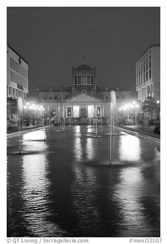 Plaza Tapatia at night with Hospicio Cabanas reflected in basin. Guadalajara, Jalisco, Mexico (black and white)