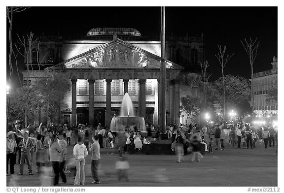 Plaza de la Liberacion with fountain and Teatro Degollado by night. Guadalajara, Jalisco, Mexico (black and white)