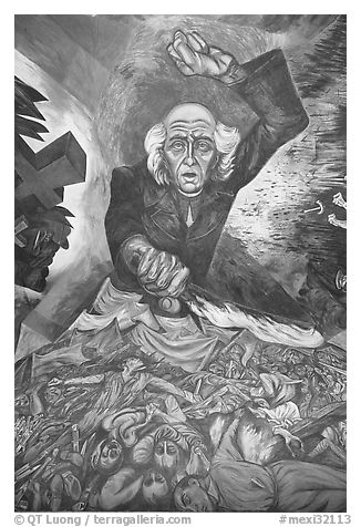 Portrait of Miguel Hidalgo painted by muralist Jose Clemente Orozco in the Government Palace. Guadalajara, Jalisco, Mexico (black and white)