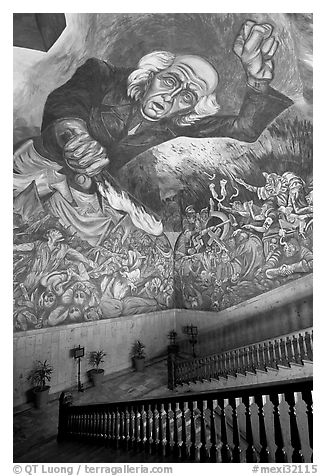 Stairway roof with portrait of  Miguel Hidalgo by  Jose Clemente Orozco in the Palacio del Gobernio. Guadalajara, Jalisco, Mexico (black and white)