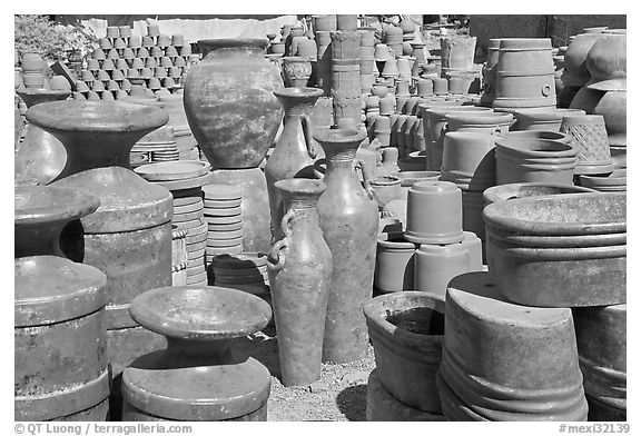 A variety of clay pots for sale, Tonala. Jalisco, Mexico (black and white)
