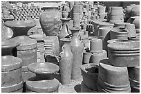 A variety of clay pots for sale, Tonala. Jalisco, Mexico (black and white)