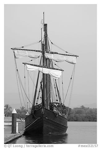 Replica of Spanish Gallion, Nuevo Vallarta, Nayarit. Jalisco, Mexico (black and white)