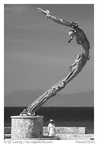 Sculpture called Los Milenios by Fernando Banos on waterfront, Puerto Vallarta, Jalisco. Jalisco, Mexico (black and white)