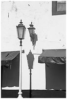 Wall with lamps, blue shades and blue painting, Puerto Vallarta, Jalisco. Jalisco, Mexico ( black and white)