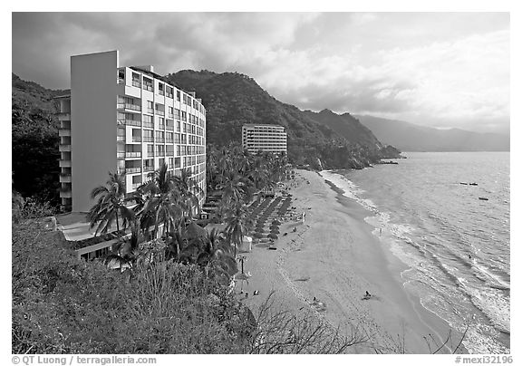 Resort building and beach, Puerto Vallarta, Jalisco. Jalisco, Mexico (black and white)